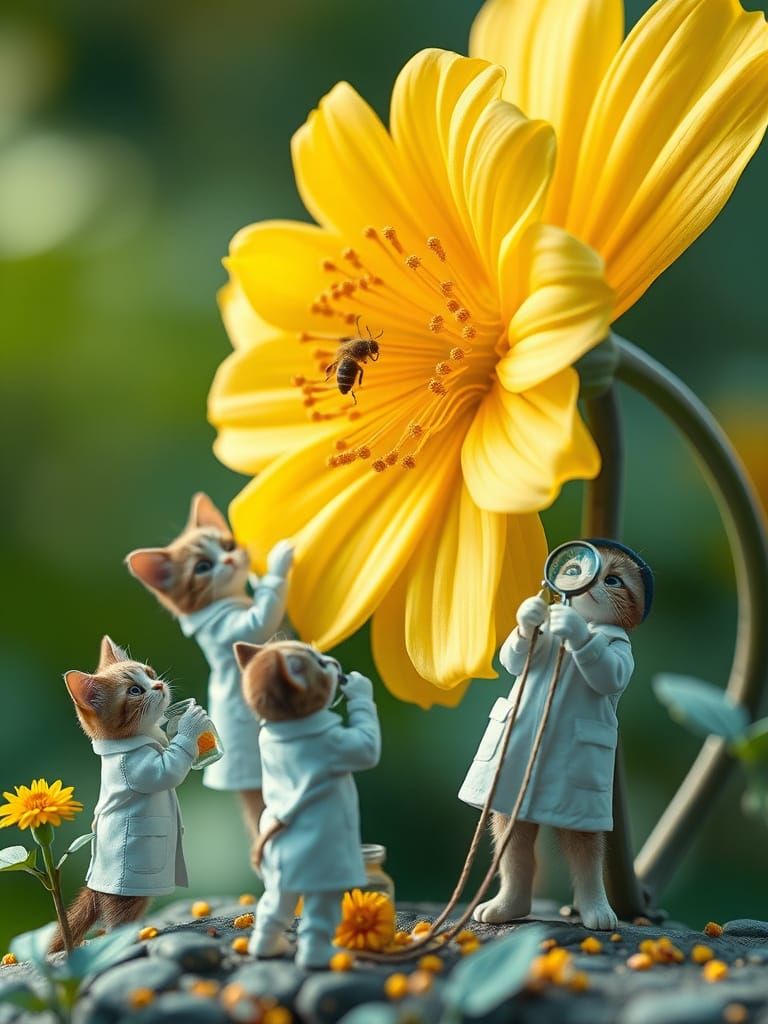 Whimsical Miniature World of Tiny Cat-Scientists in a Realis...