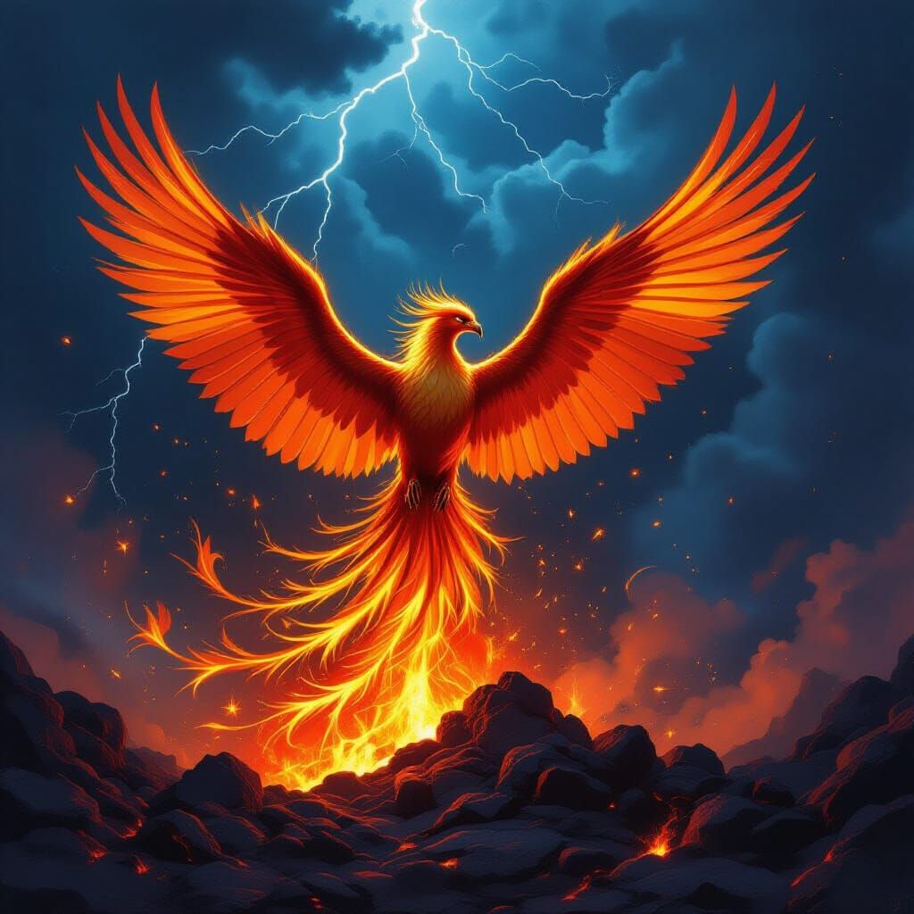 Majestic Phoenix Erupts From Embers in Stormy Sky