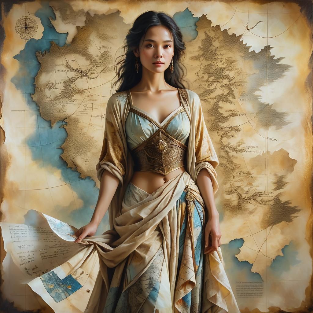 Mystical Map Portrait: Woman in Oil Painting Style