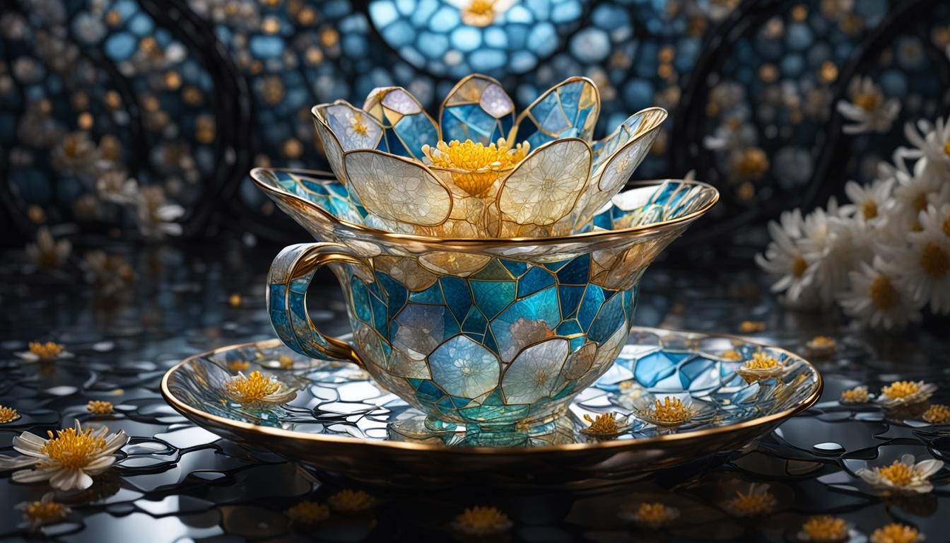 Stained Glass Teacup in Klimt Style, Hyperrealistic
