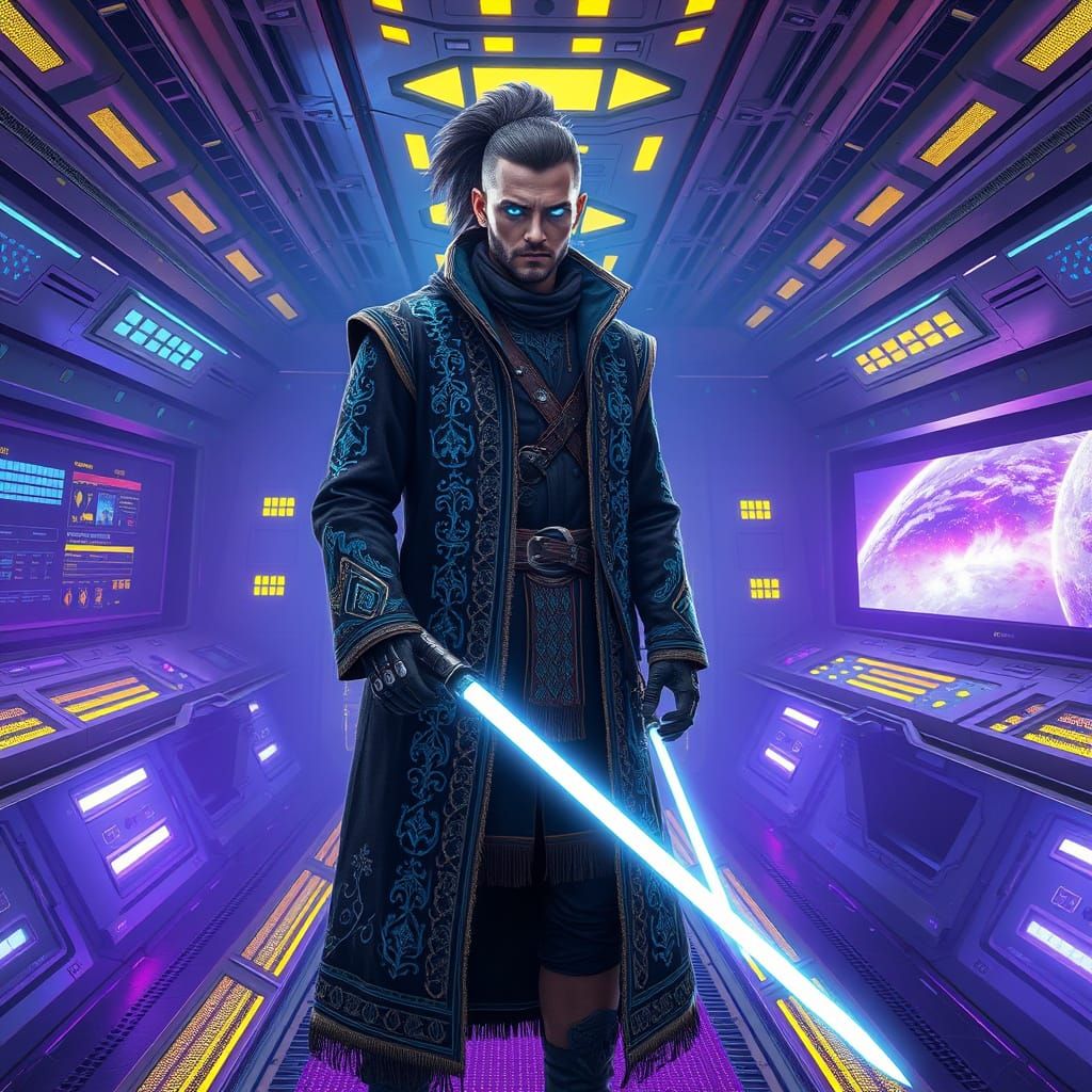 Cyber-Cossack on Starship Bridge in Dark Fantasy Style