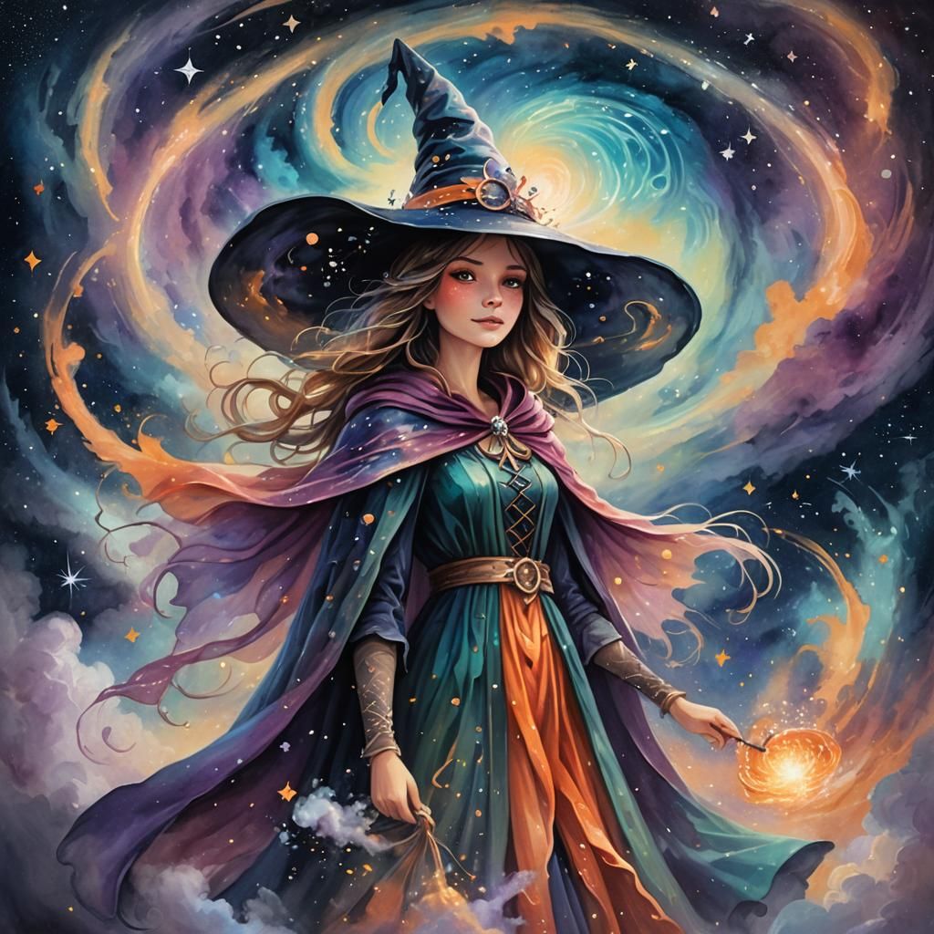 Cosmic Fairy Witch in Mixed Media Illustration