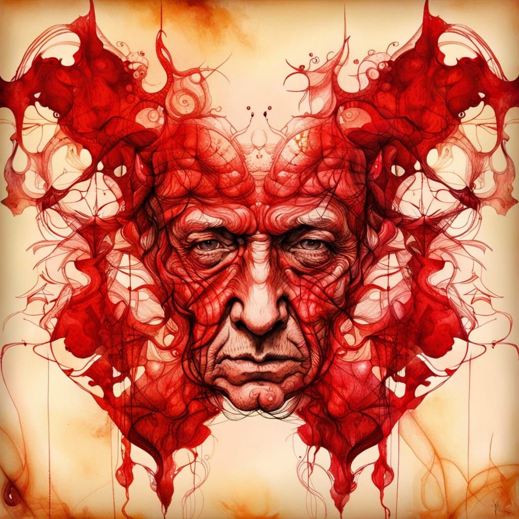 Abstract Red Ink Rorschach Reveals Old Man's Face