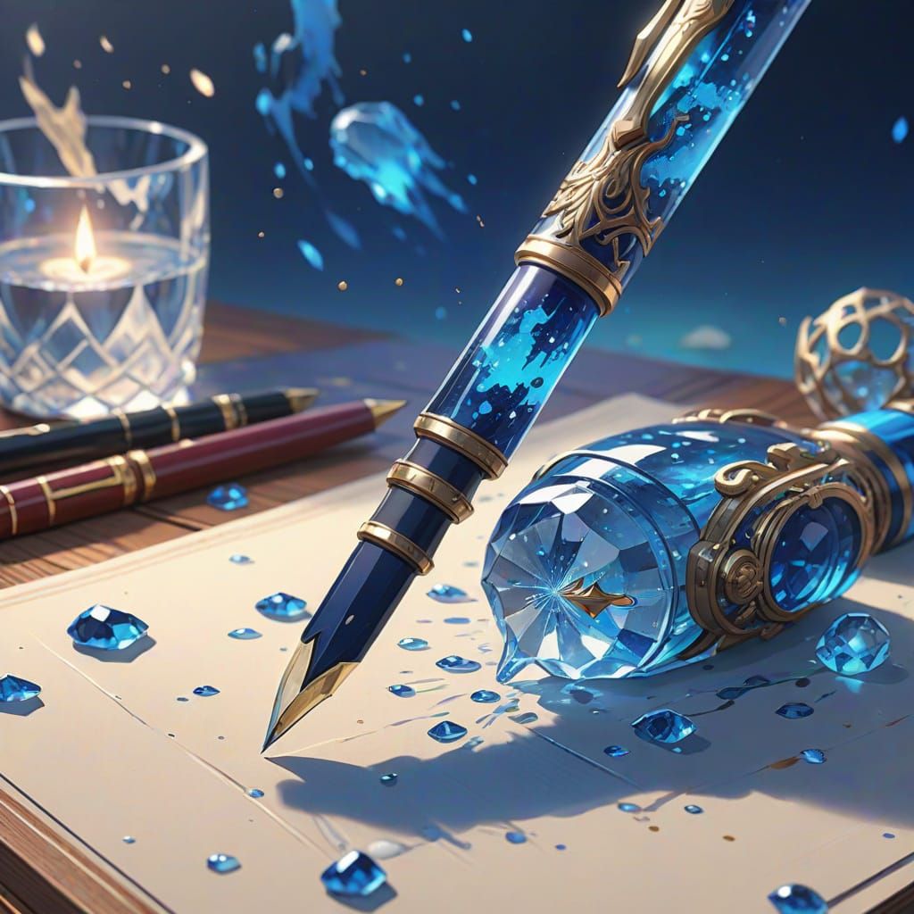 Crystal Fountain Pen in 3D Anime Style with Vibrant Blue Ink...