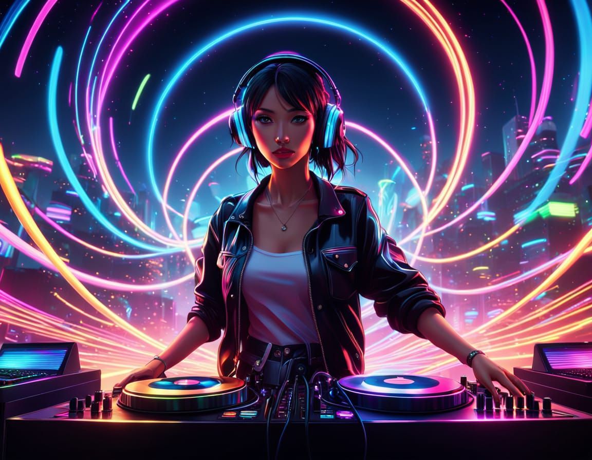 Anime-Inspired DJ Spins Records in a Neon Dreamscape
