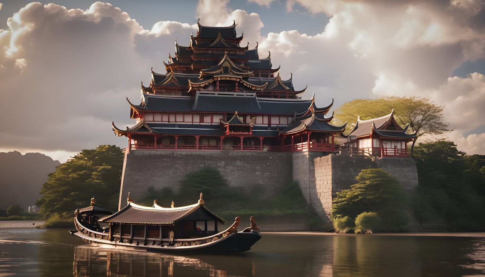 Samurai Castle and Imperial Barge on River