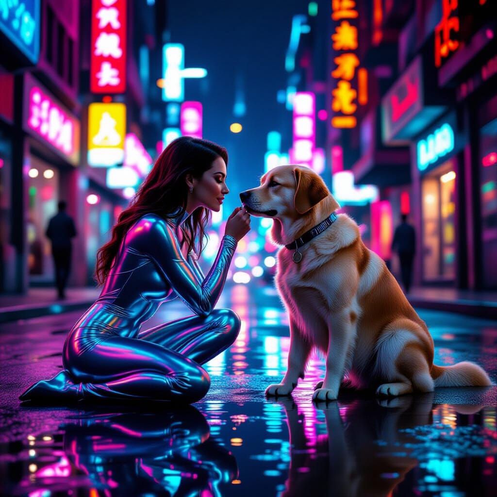 Woman and Golden Labrador in Neon Cityscape