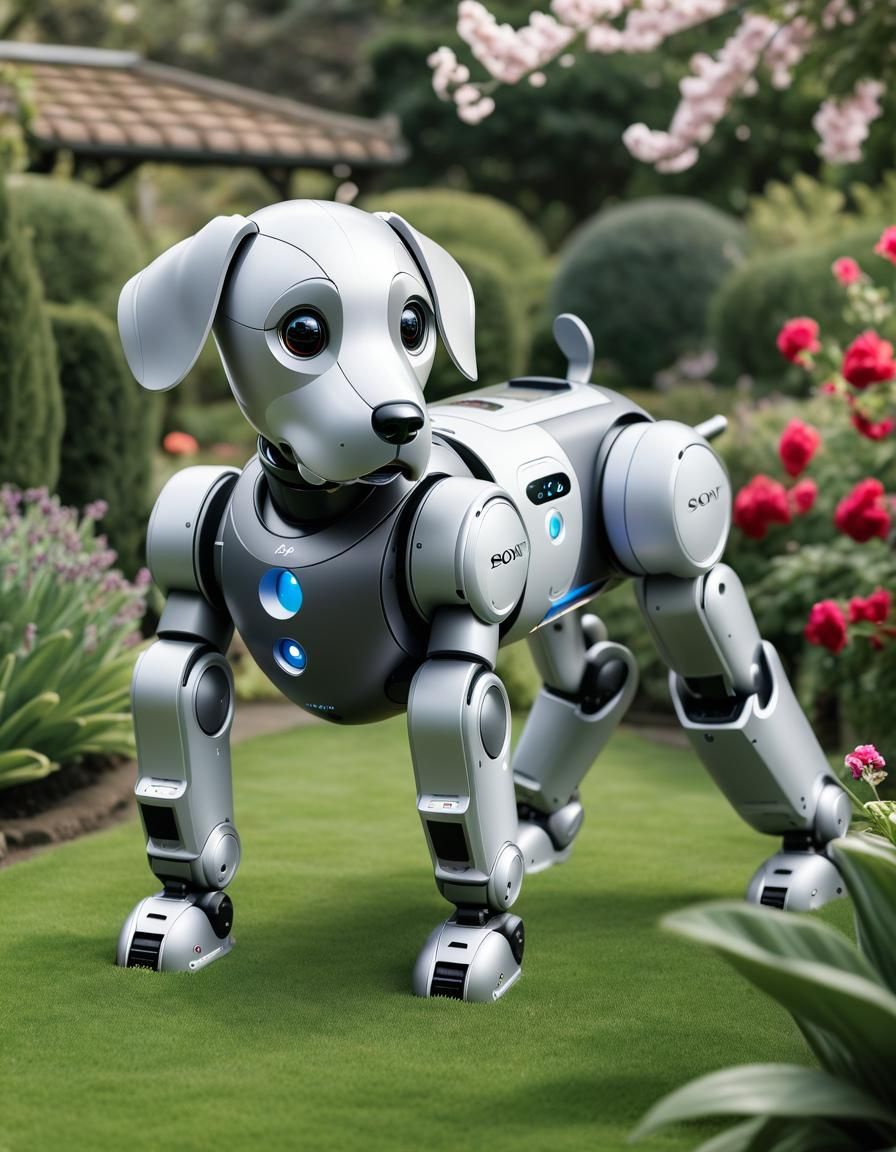 Sony Aibo Robot Dog in Garden: Product Photography