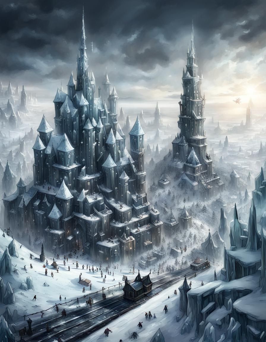 Frozen Frostpunk Metropolis in Whimsical Style
