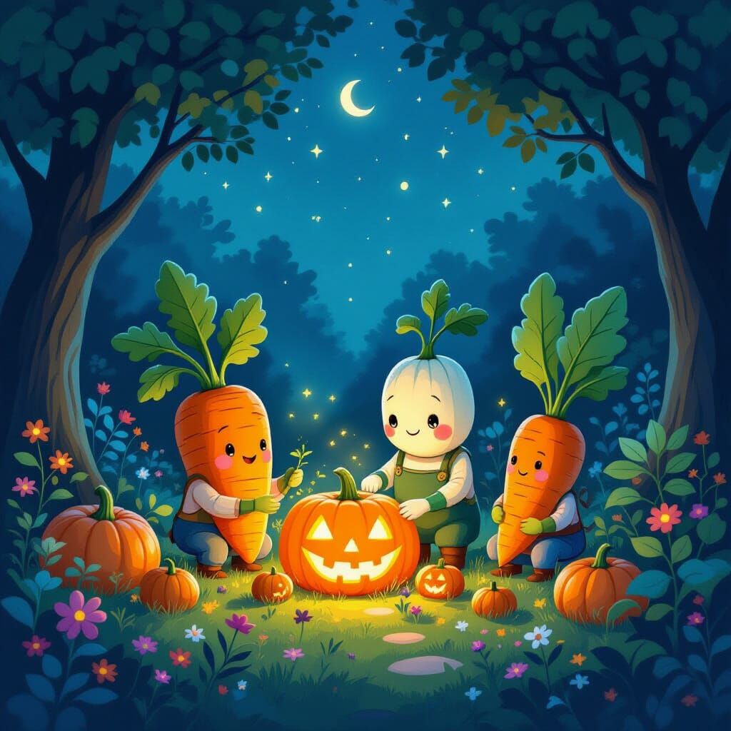 Whimsical Garden with Glowing Pumpkins in Painterly Style
