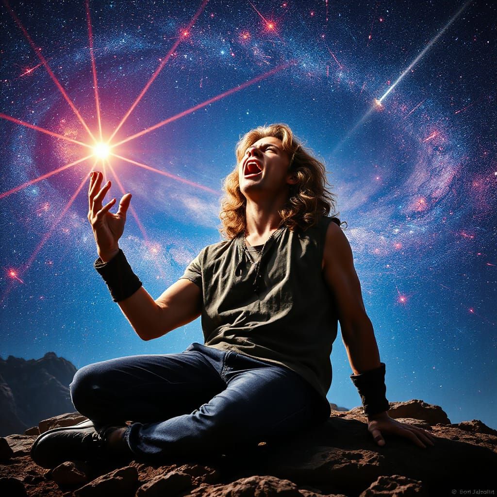 Passionate Musician in Cosmic Anguish Under Starry Sky