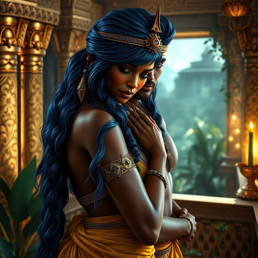 Regal Nubian Princess in Intimate Moment with Warrior Lover