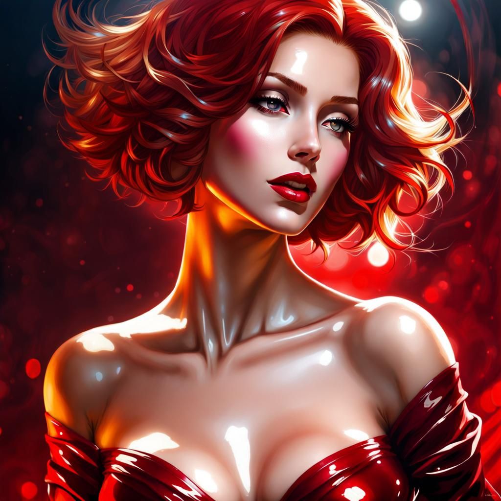 Beautiful Woman in Latex Costume, Ethereal Splash Art