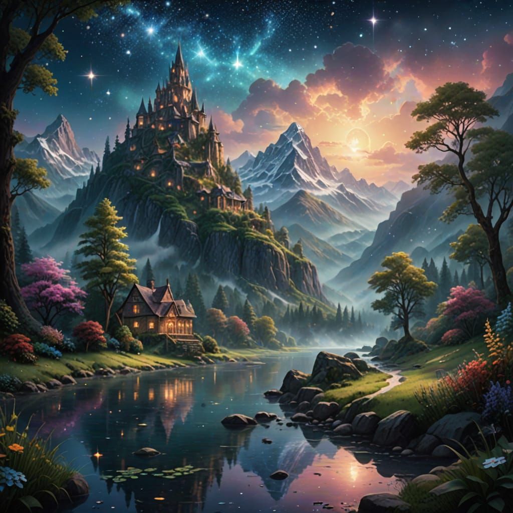 Dreamy Mountain River Landscape in Ethereal Fantasy Style