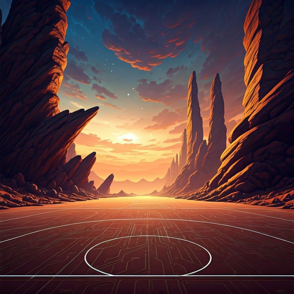 Basketball Court on Mars in Alien Landscape