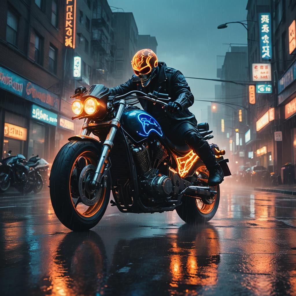 Ghost Rider in Cyberpunk Neon Cityscape