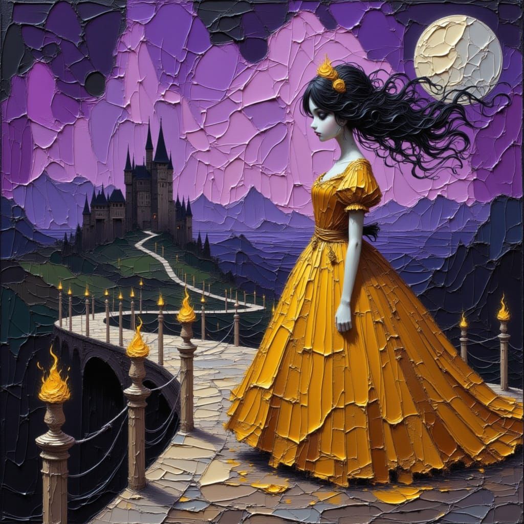 Medieval Woman in Gold Gown Before Castle