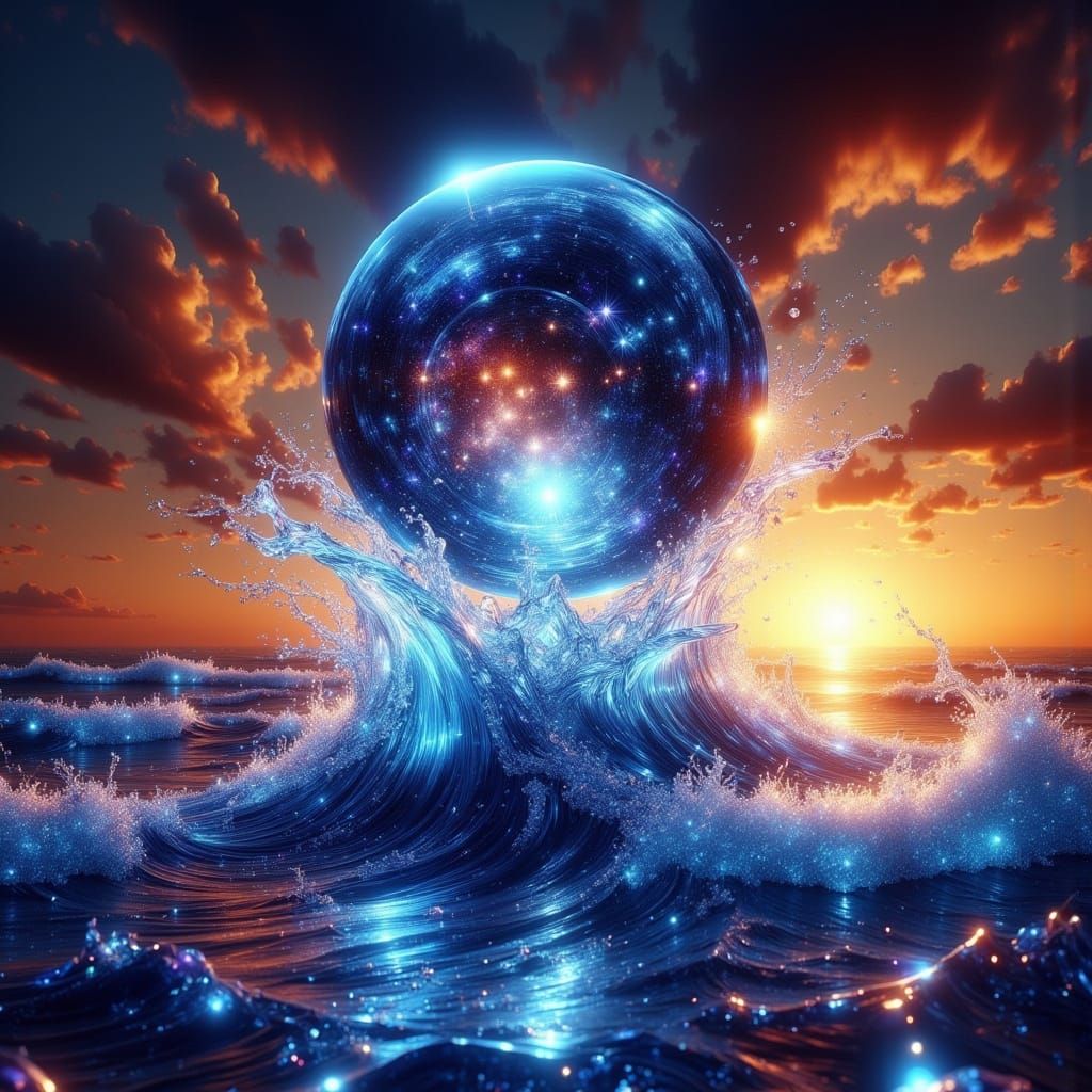 Stained Glass Moon Plummets into Ocean in a Kaleidoscopic Dr...