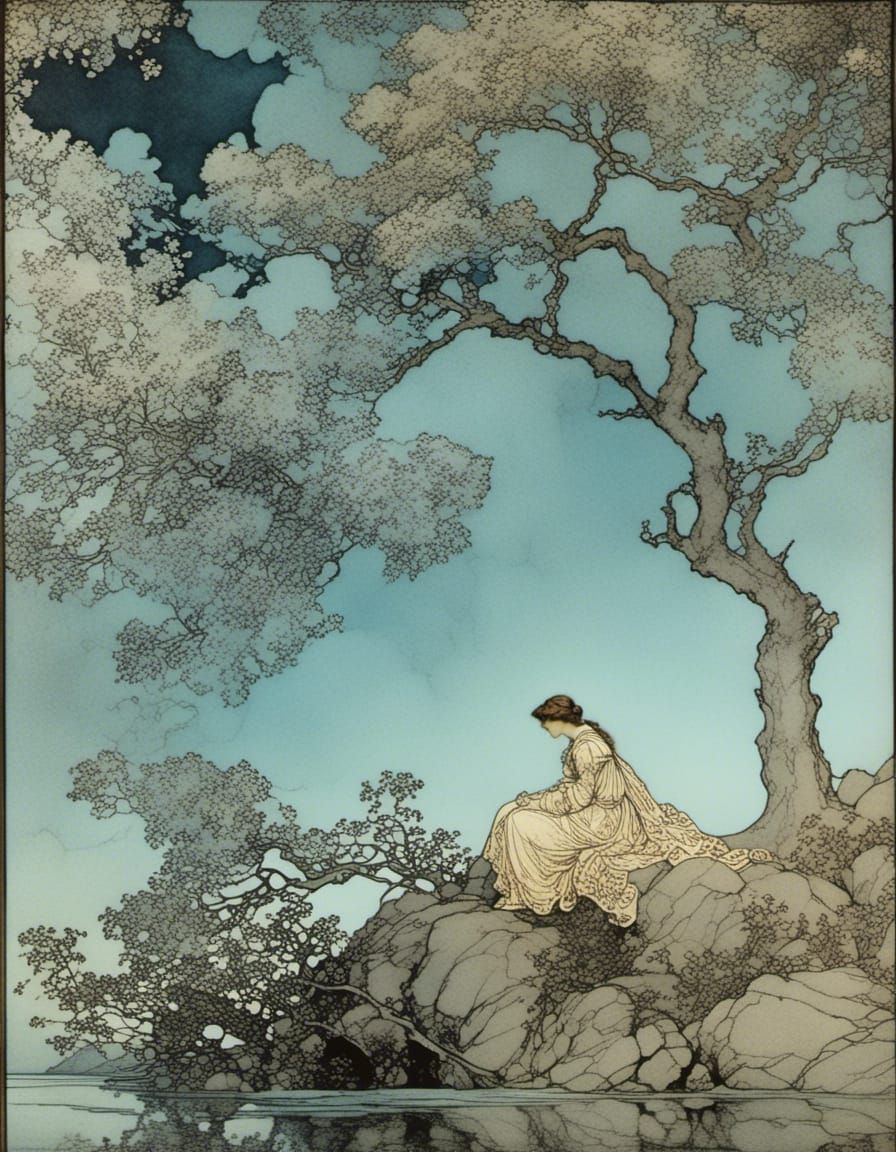 Ethereal Lady by Moonlit Lake in Golden Age Style