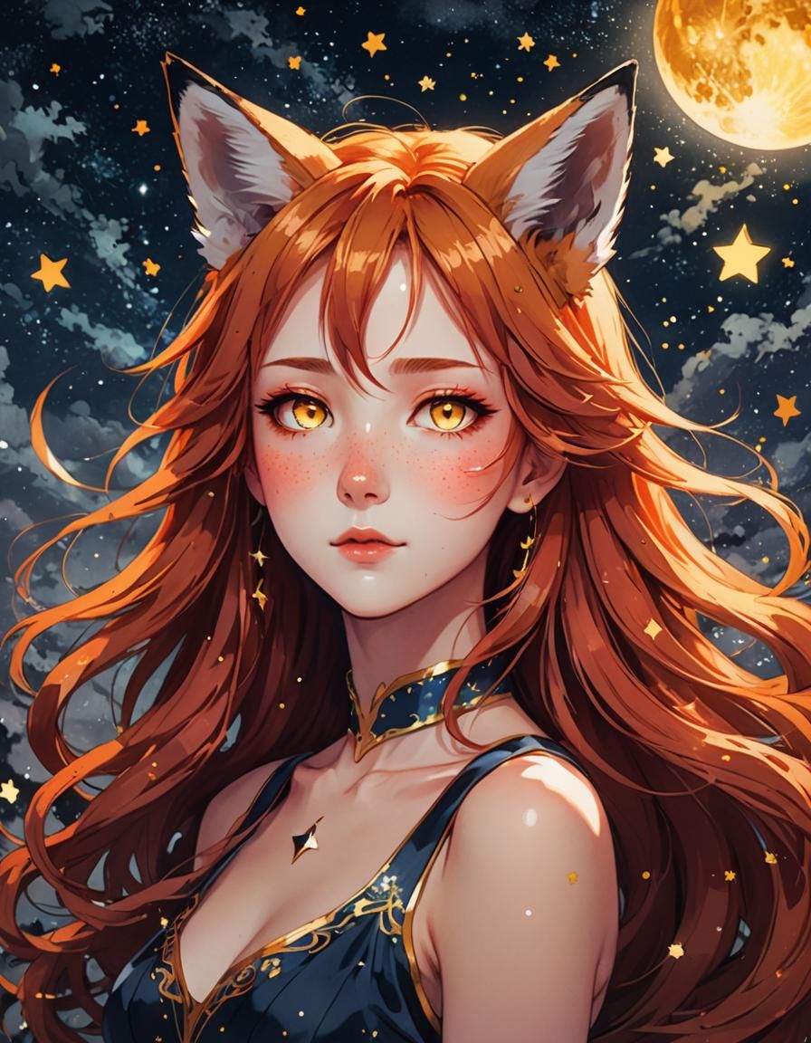 Fox-Eared Soul Gazing at Stars in Manga Style