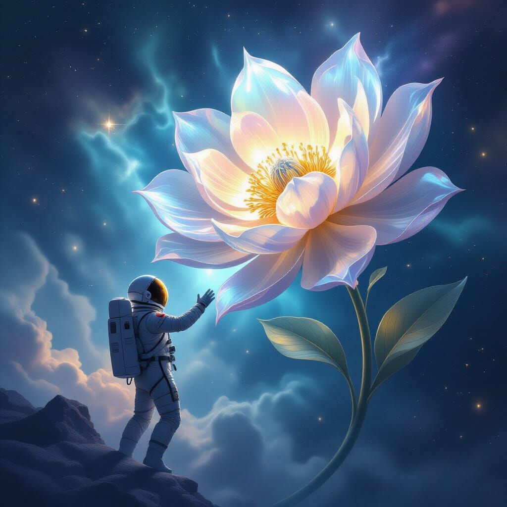 Astronaut Reaches for Crystalline Flower in Cosmic Nebula
