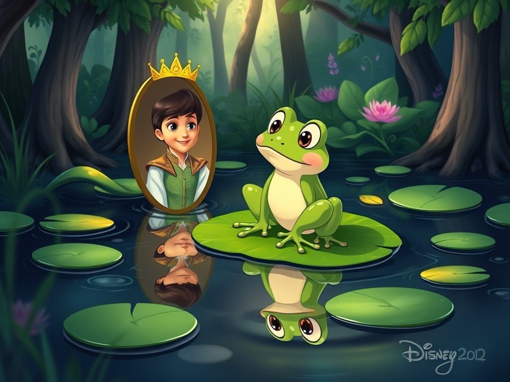Cartoon Frog Sees Prince Reflection in Disney Style