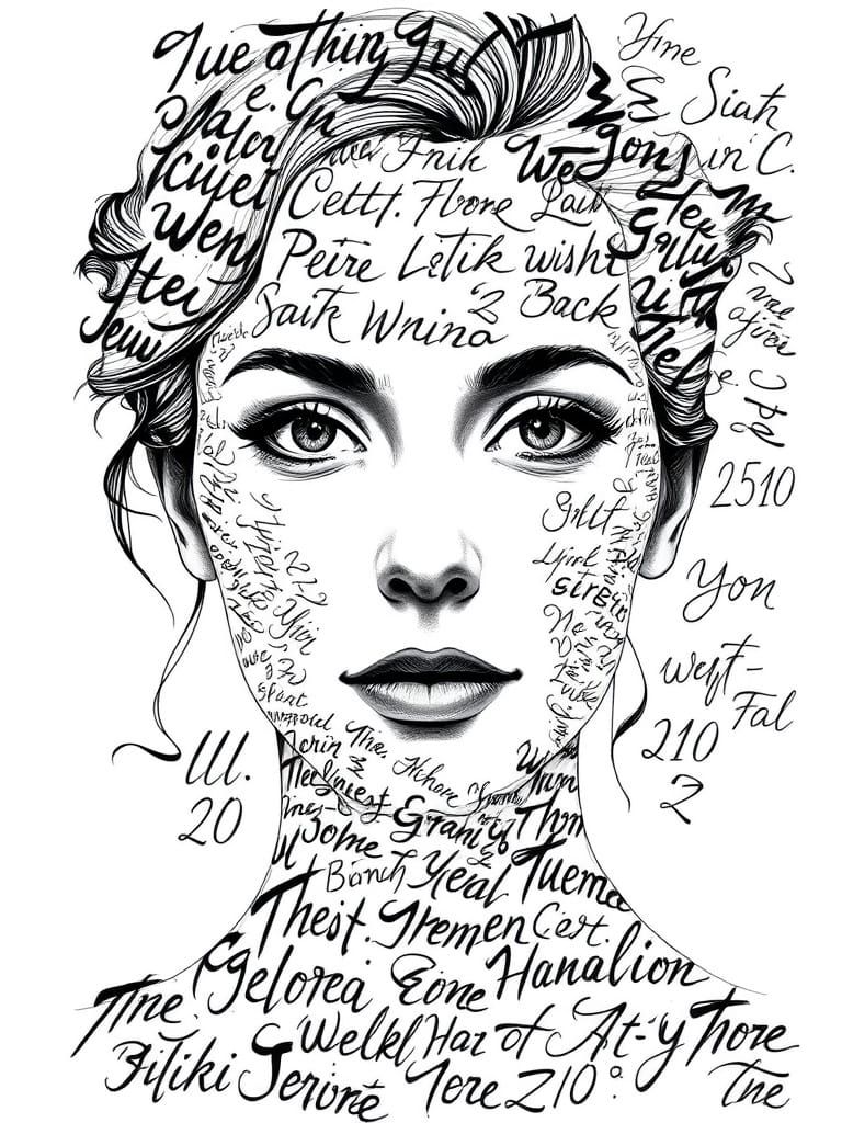Elegant Monochromatic Portrait in Intricate Calligraphic Scr...