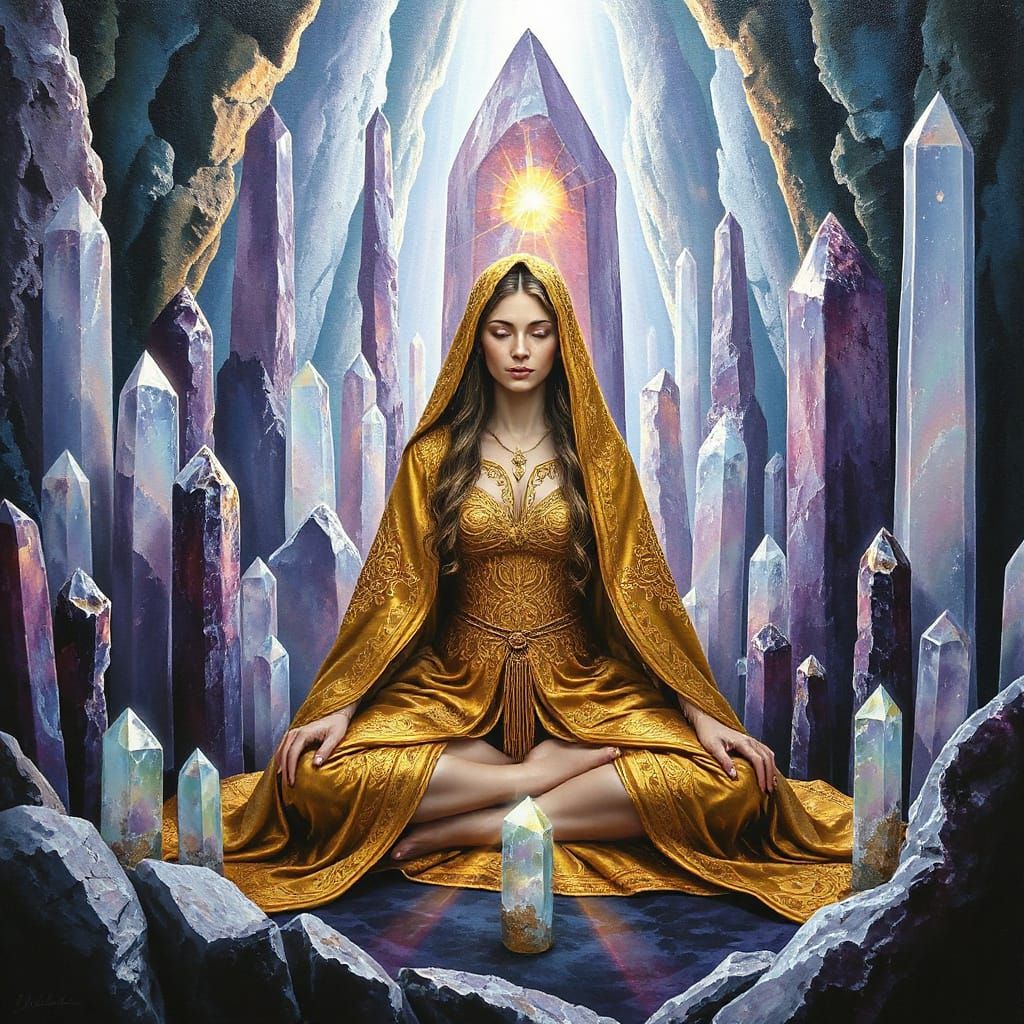 Elven Sorceress Meditating in Crystal Cavern