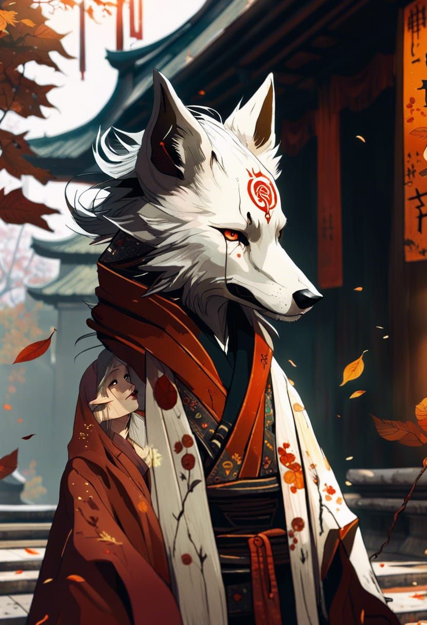Anime Wolf Priest in Autumn Temple, Digital Art