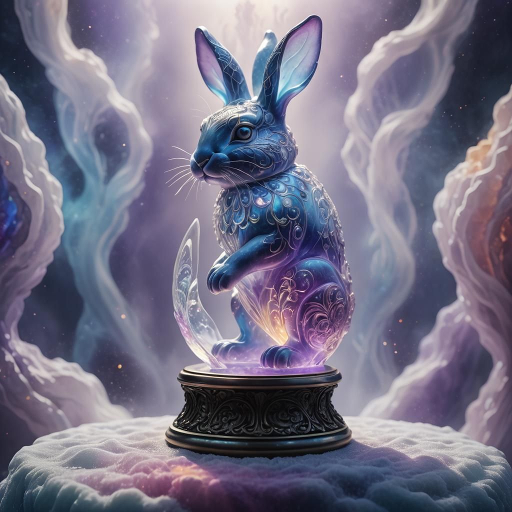Glowing Glass Bunny Sculpture in Ethereal Mist