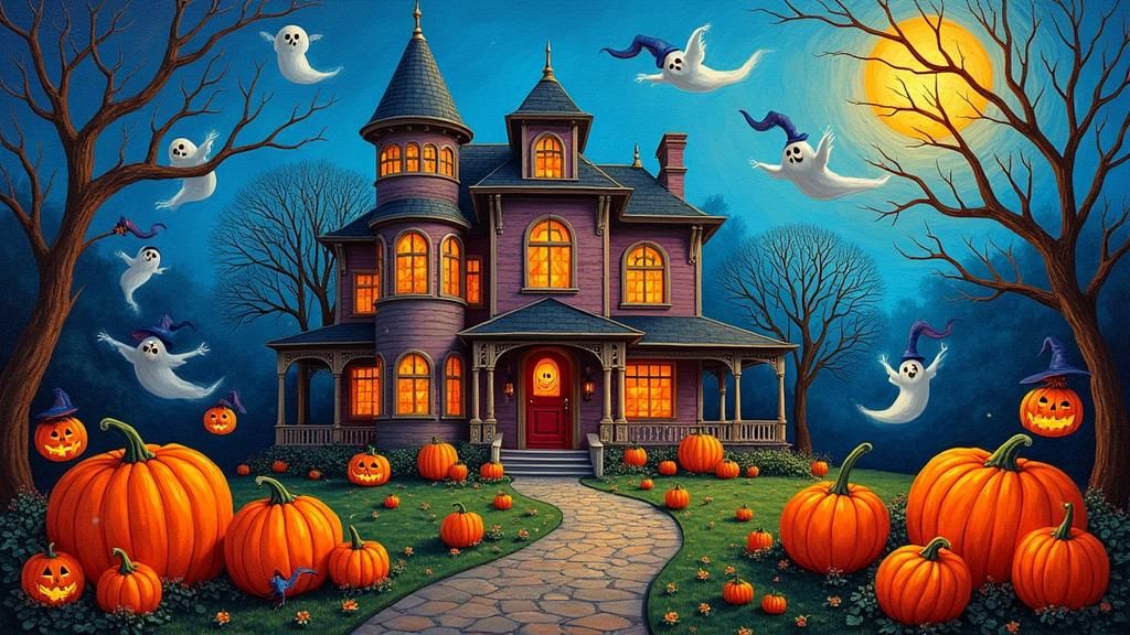Whimsical Victorian Halloween Mansion in Neo-Impressionist S...