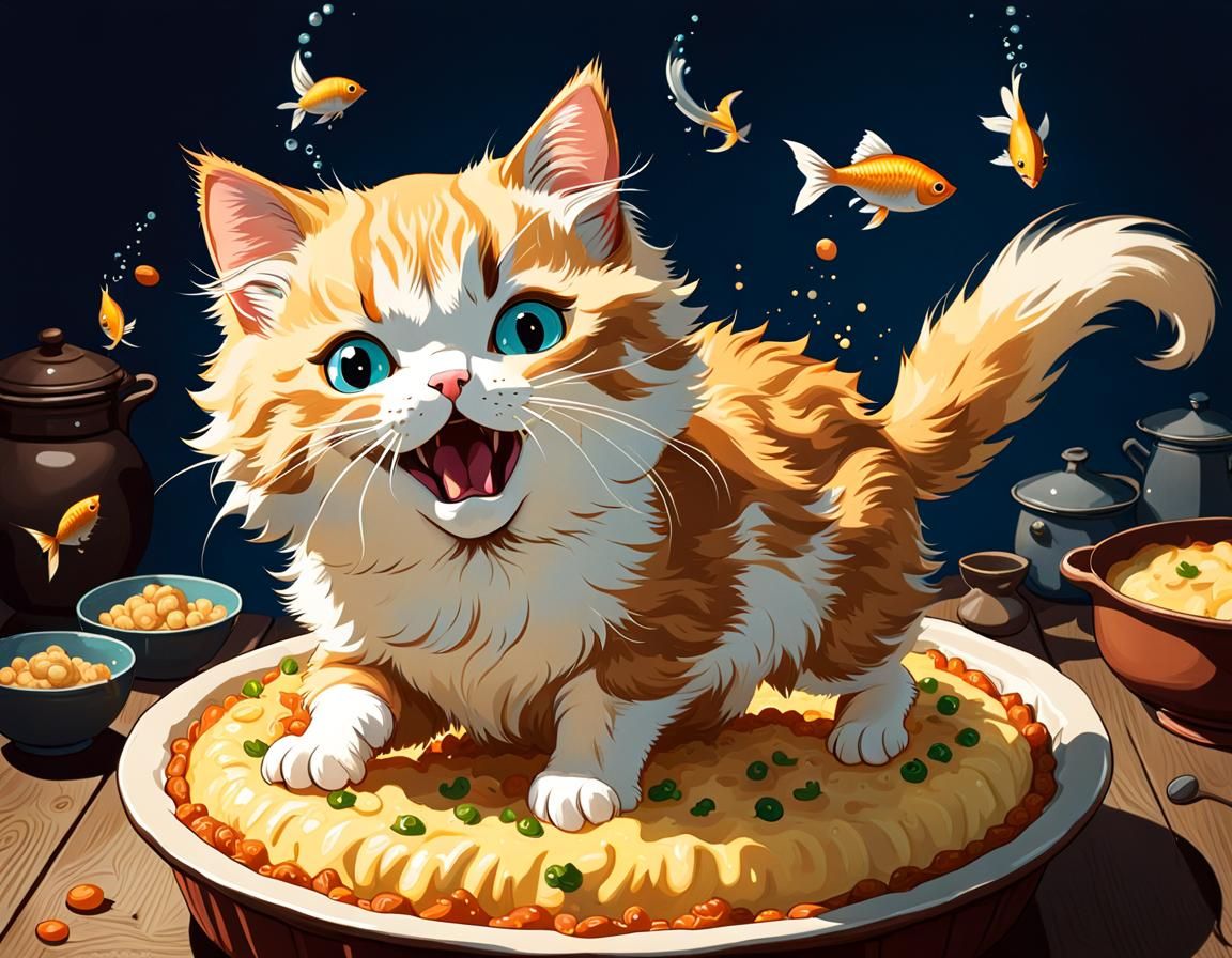Kitten Pouncing on Fish Pie, Studio Ghibli Style