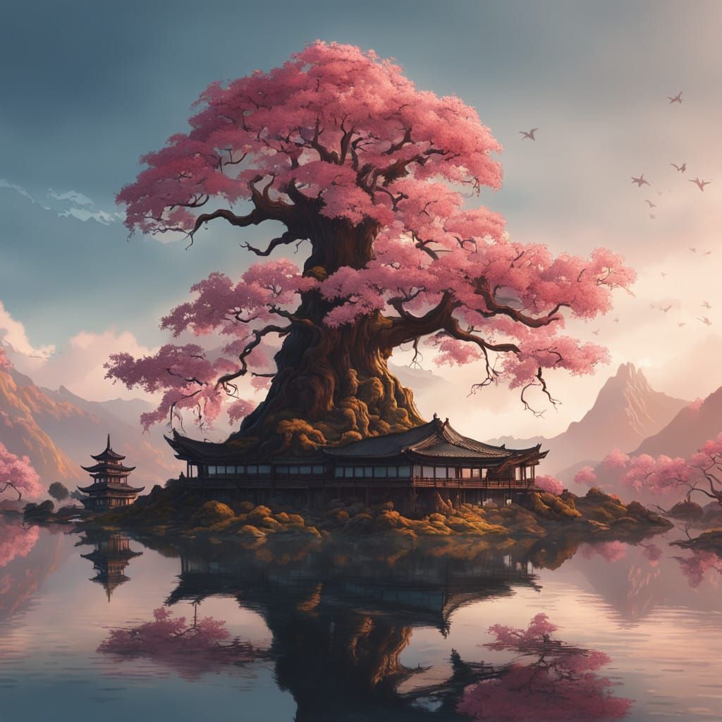 Ancient Sakura Tree in Misty Japanese Landscape