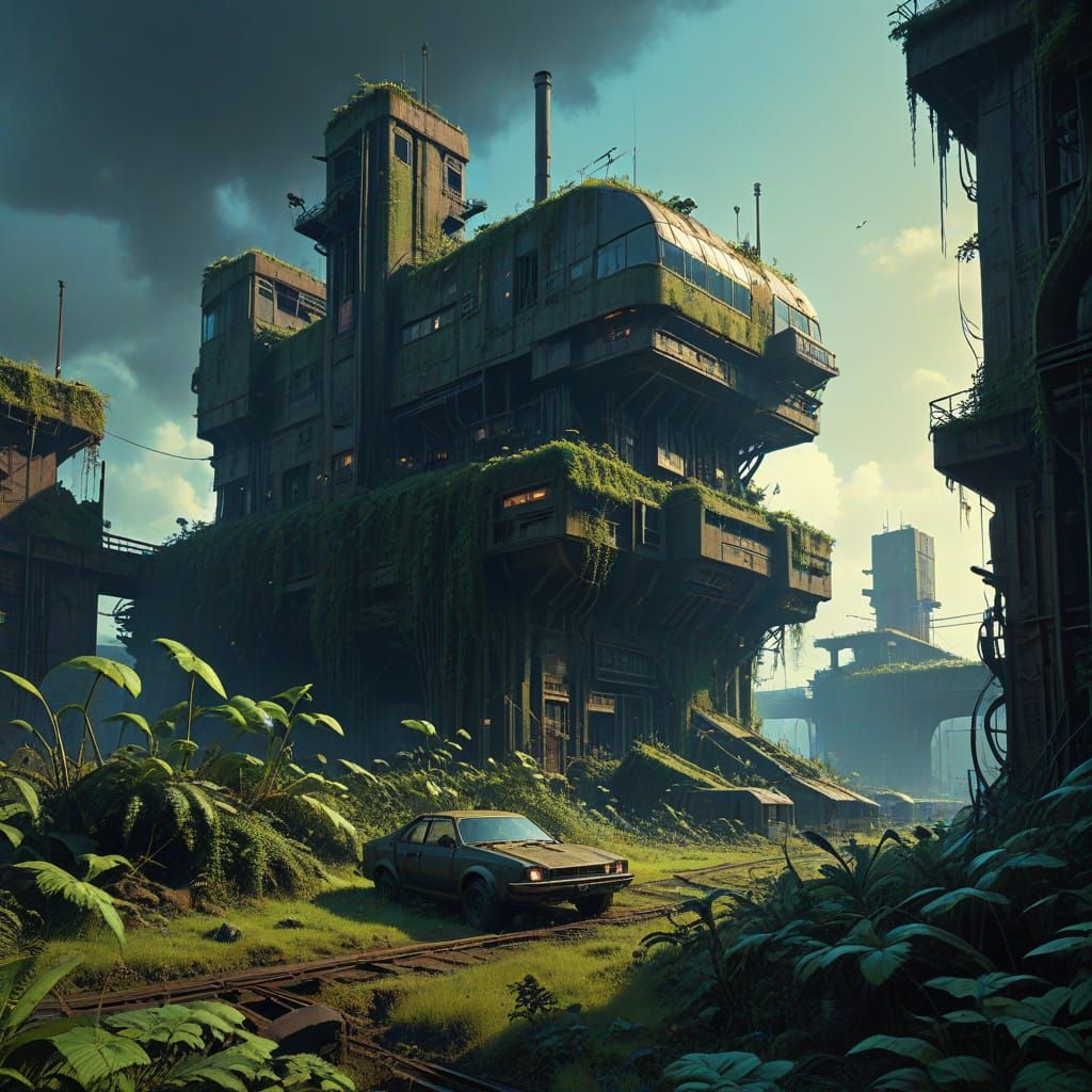 Overgrown Dieselpunk Factory in Surreal Wasteland