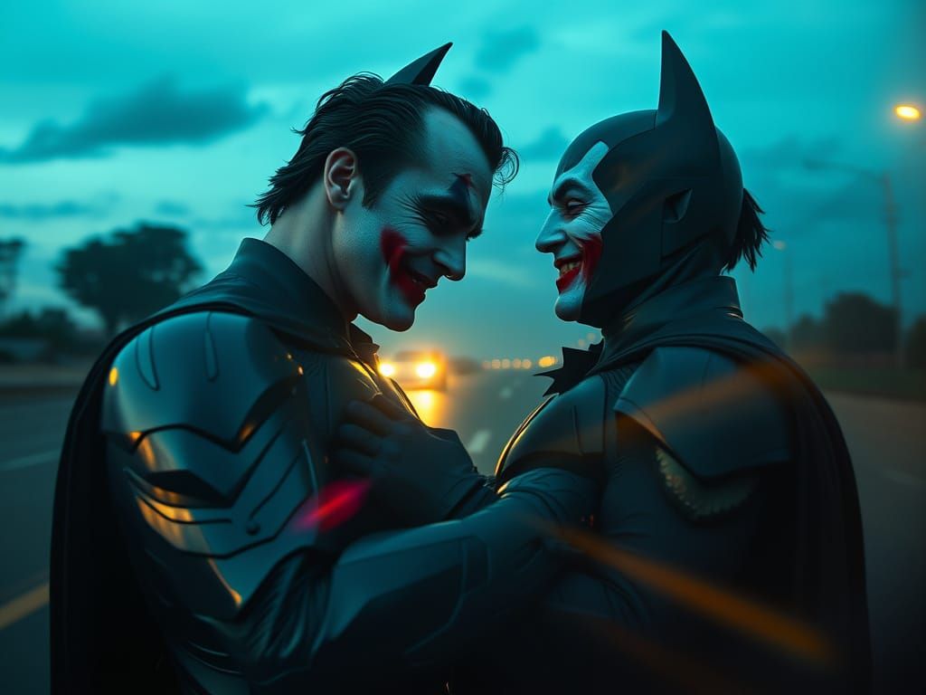 Batman and Joker Embrace in Dreamy Twilight