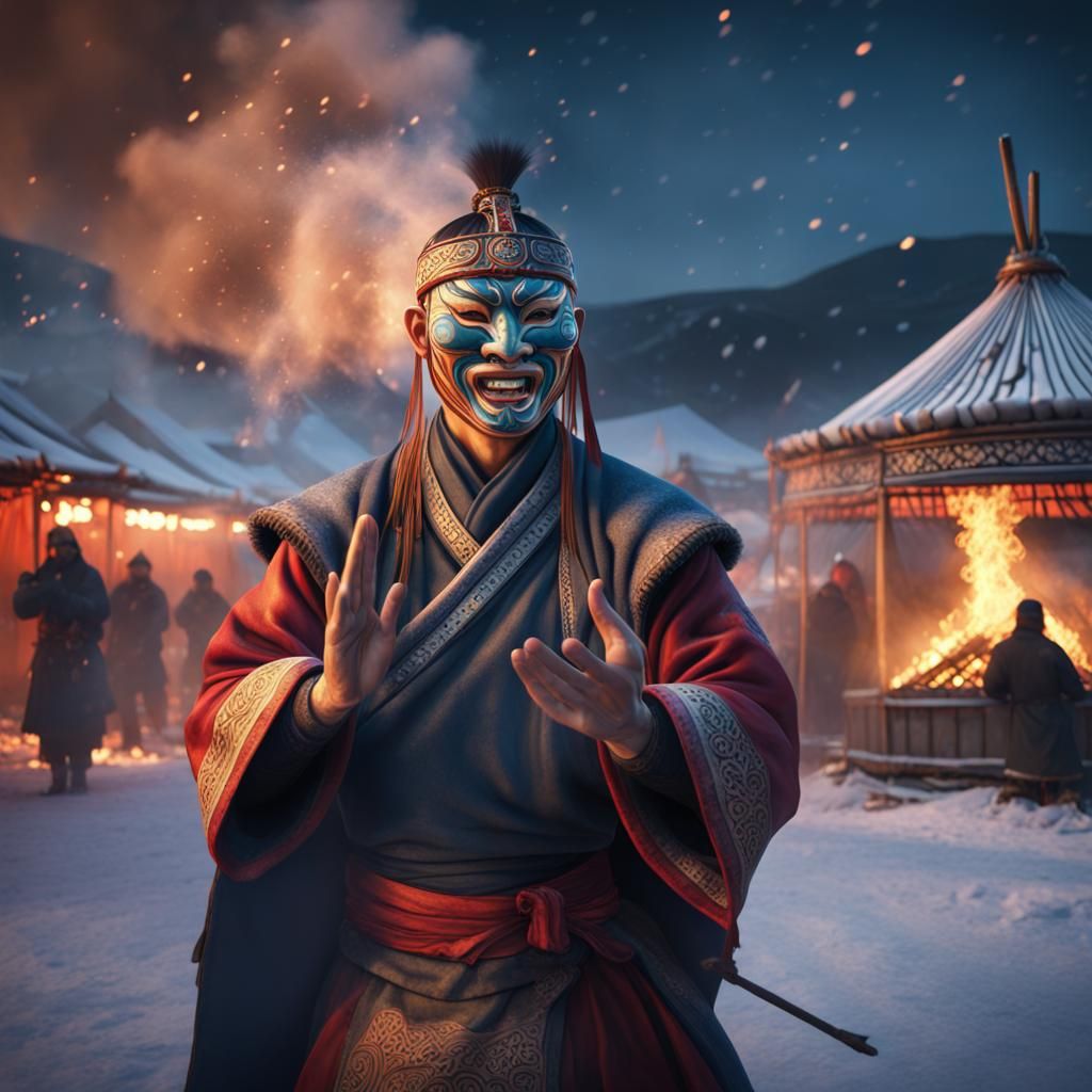 Mongolian Mask in Snowy Night Market Scene