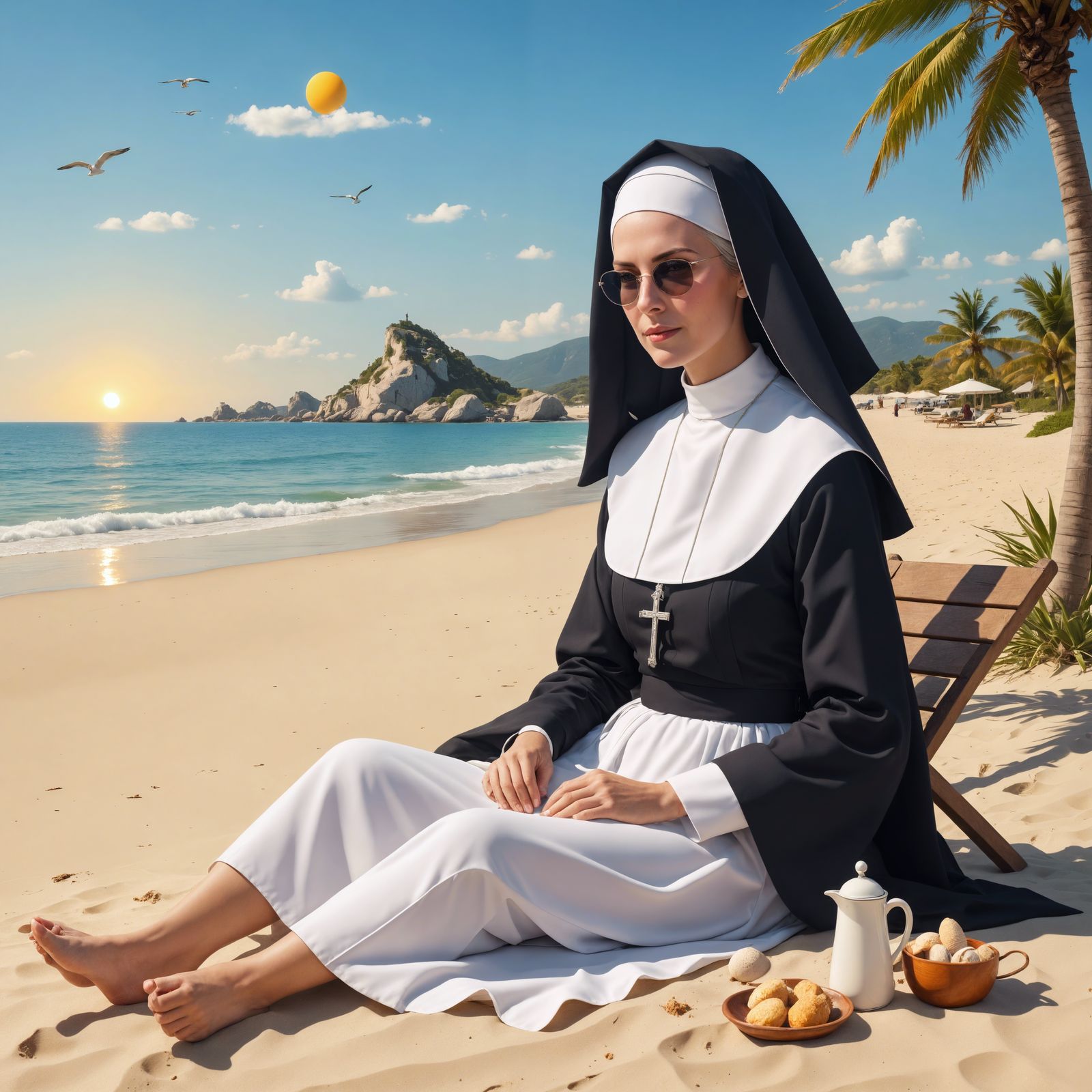 Cartoon Nun Relaxing on Sunny Beach