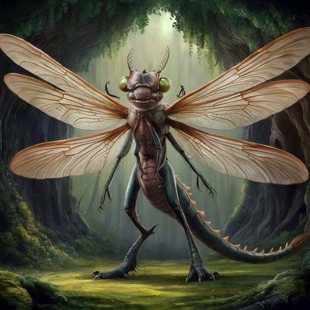 Dragonfly-Dragon Hybrid in Fantasy Forest Illustration