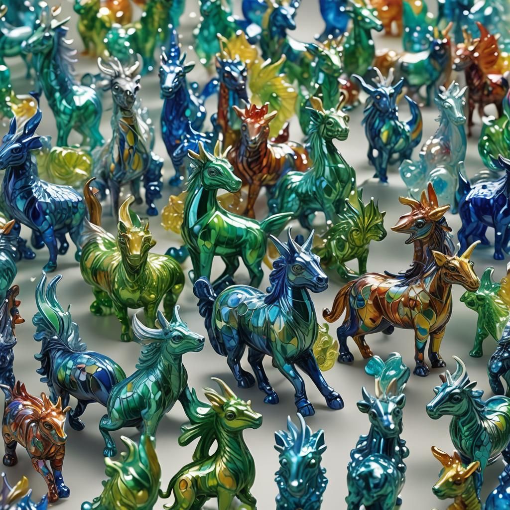 Vibrant Glass Figurine Collection: Mythical Creatures