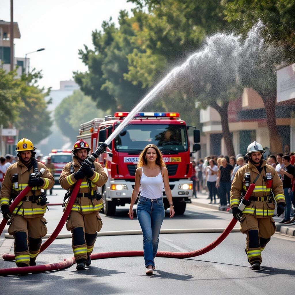 Firefighters Maneuver Hose While Woman Passes Under
