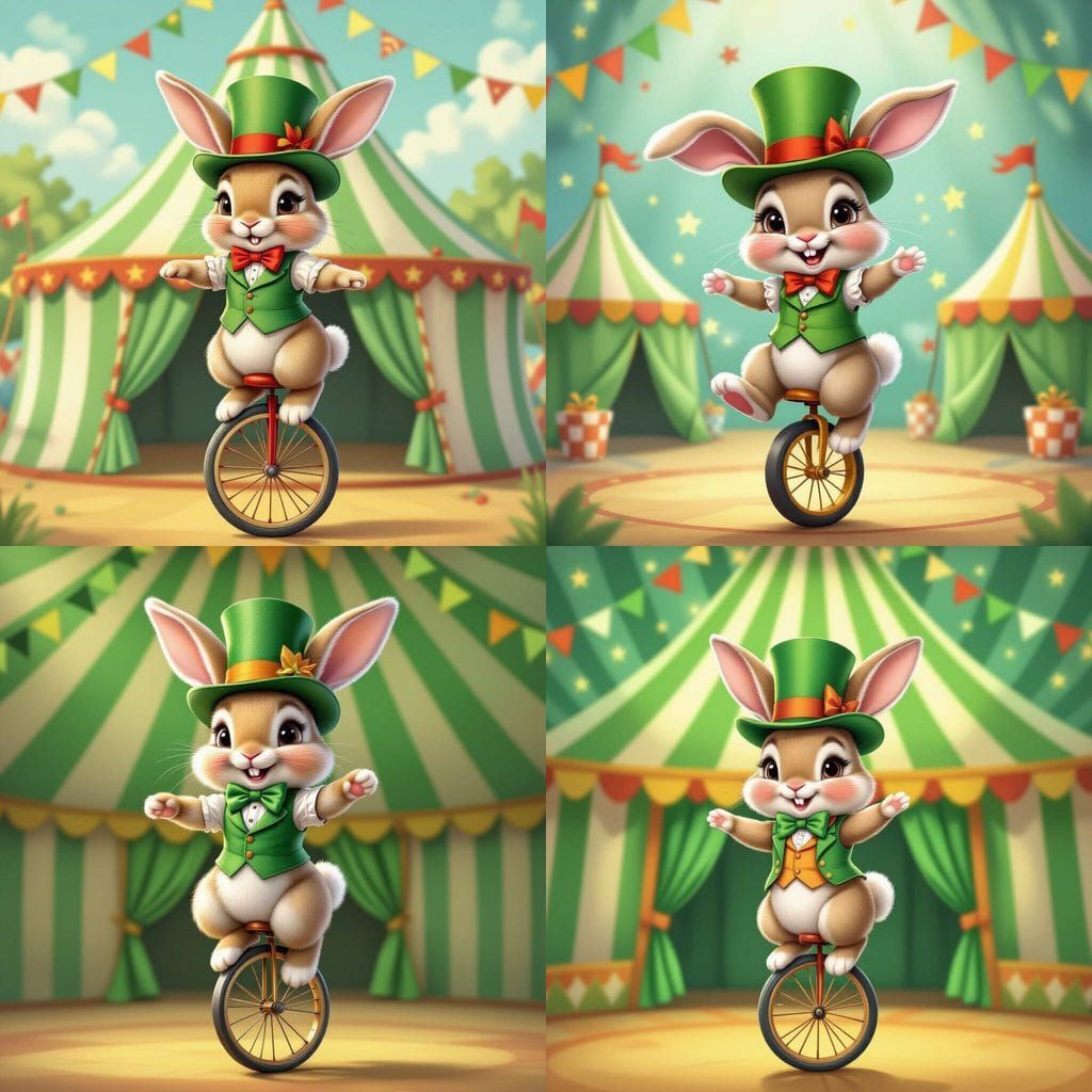Bunny Acrobat Balances on Unicycle in Green Circus