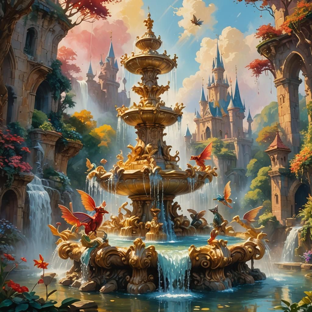 Fairytale Fountain with Magical Creatures as Gouache Paintin...