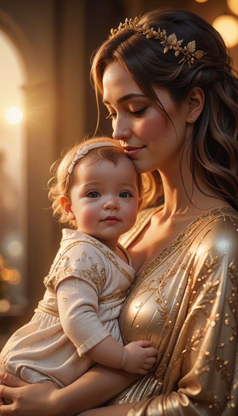 Anime Mother and Baby in Golden Hour Light