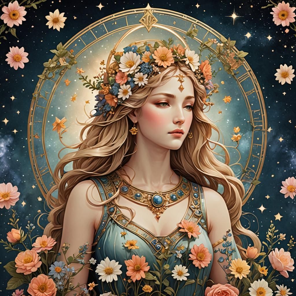Virgo Goddess with Zodiac Flowers and Stars