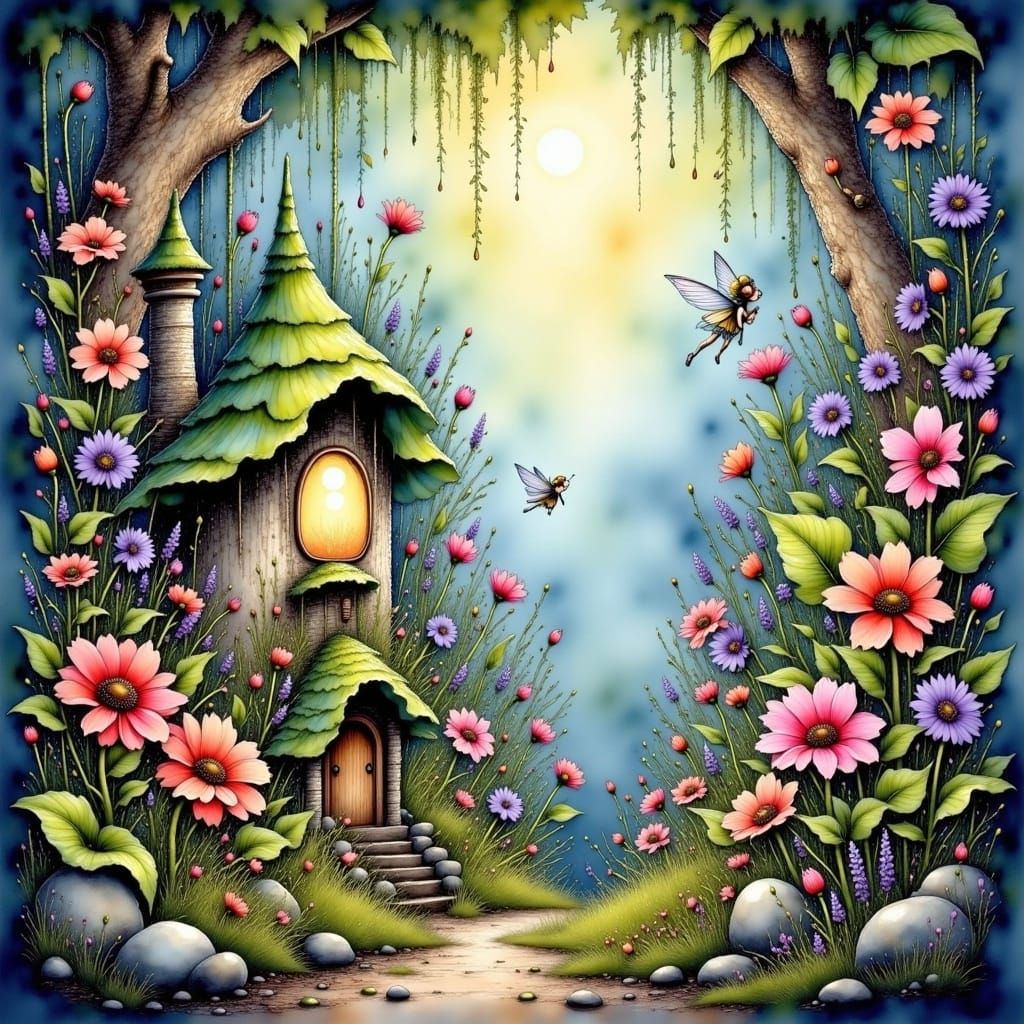Whimsical Upside Down Fairy Garden in Watercolor Style