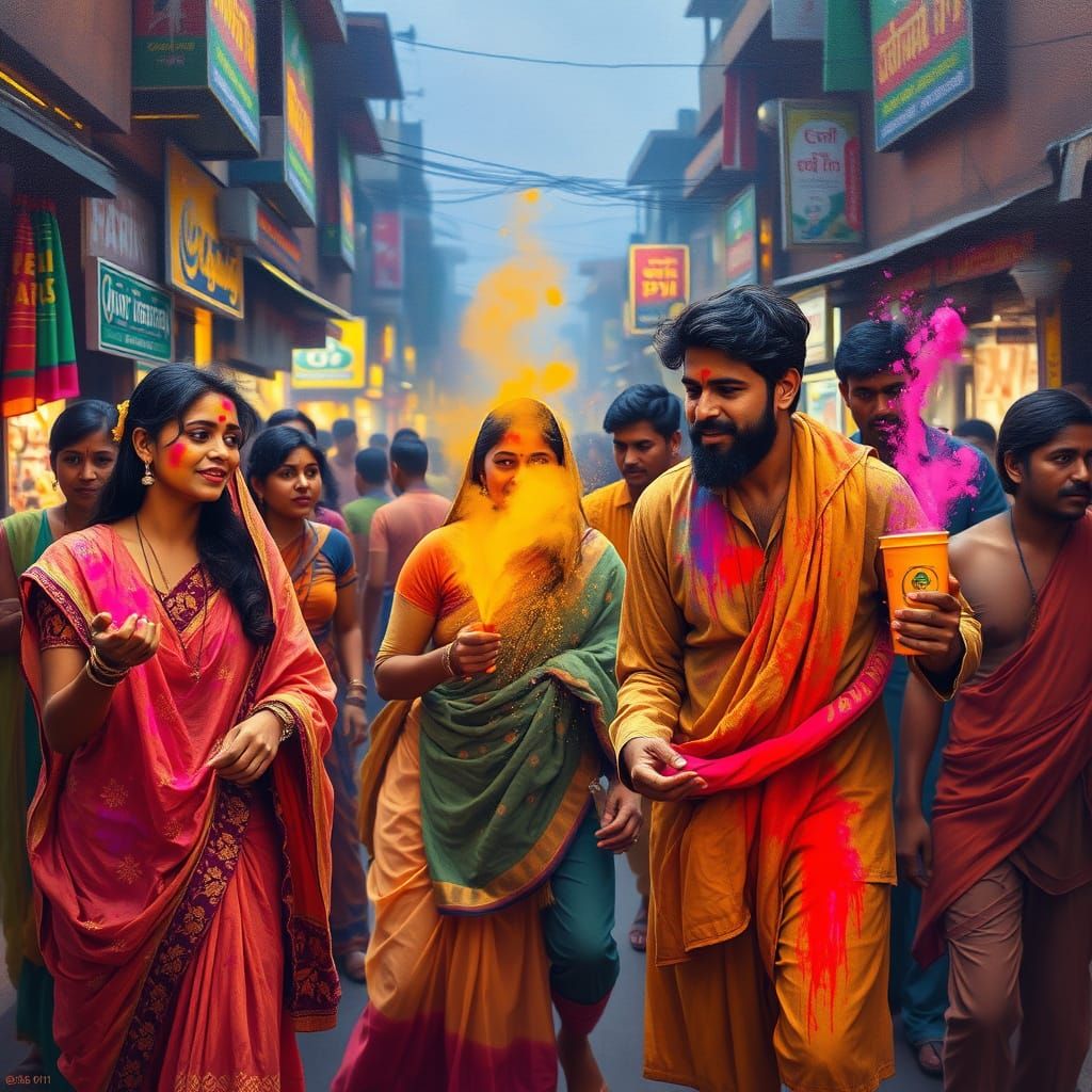 Vibrant Holi Festival in Ravi Varma Style