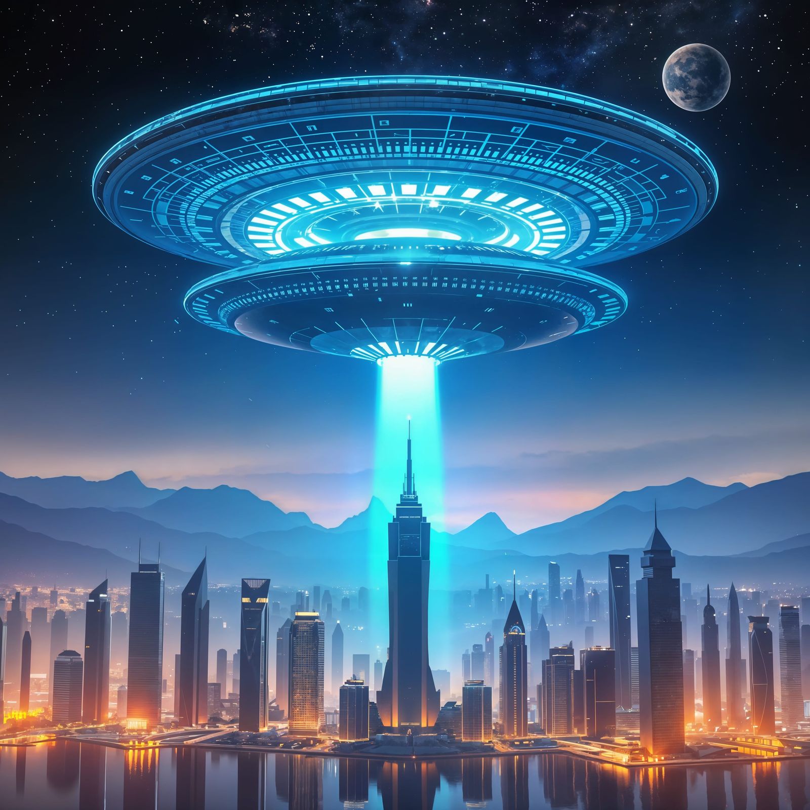 Surreal Futuristic Cityscapes with UFOs in Vibrant Blues and...