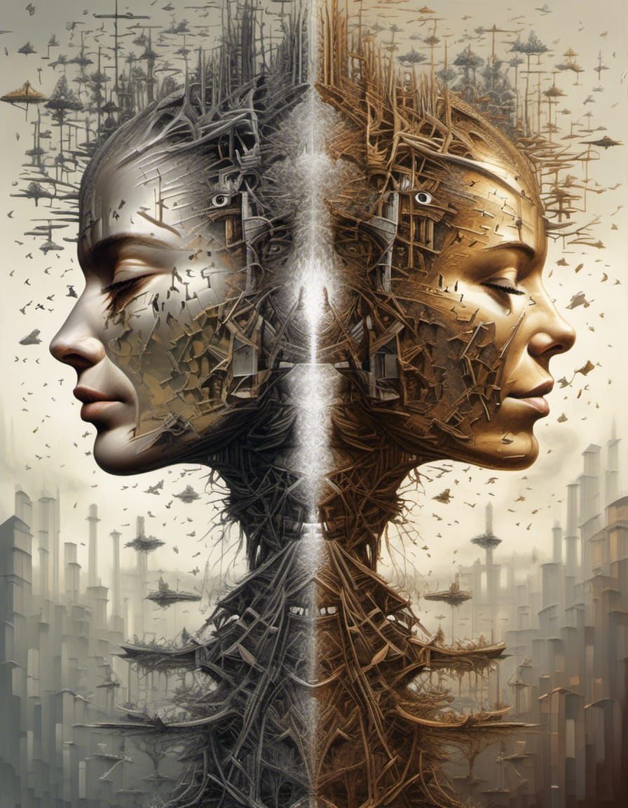 Shattered Mechanical Mask Reflecting Split Thoughts