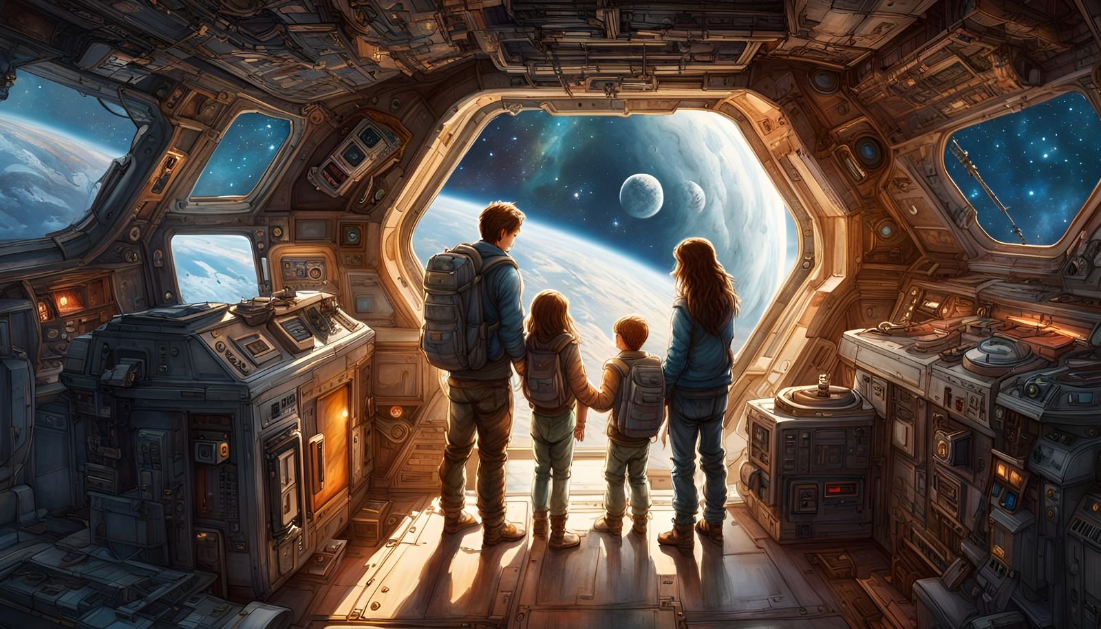 Space Station Family in Loose Watercolor Style