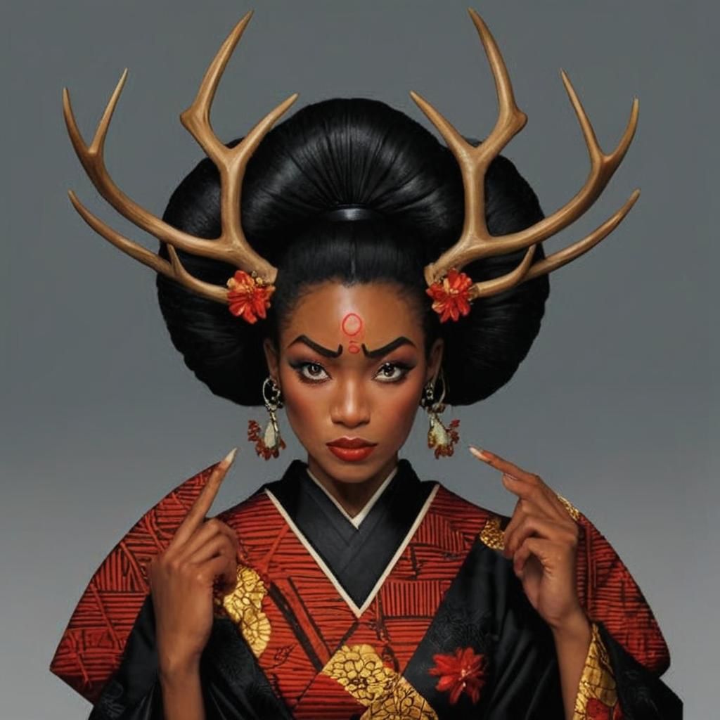 African Geisha with Antlers: A Striking Portrait